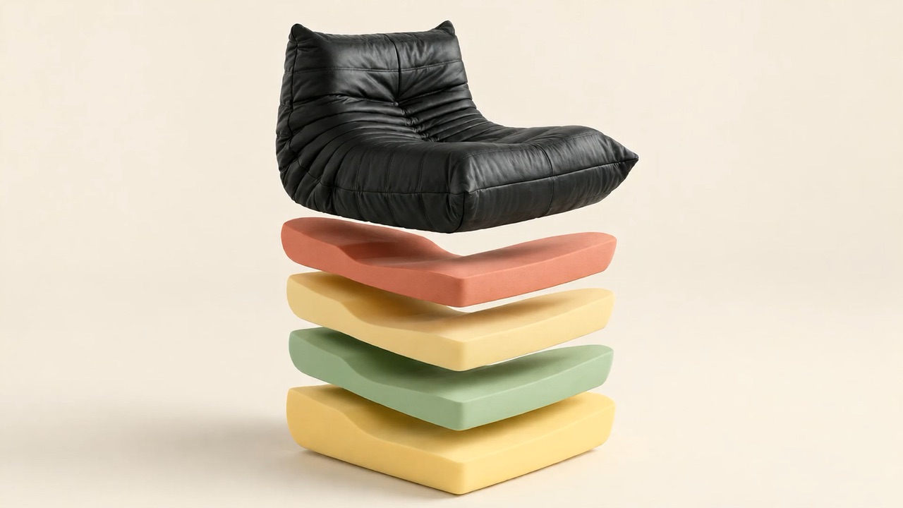 Four foam density layers compressing into the finished black leather chair