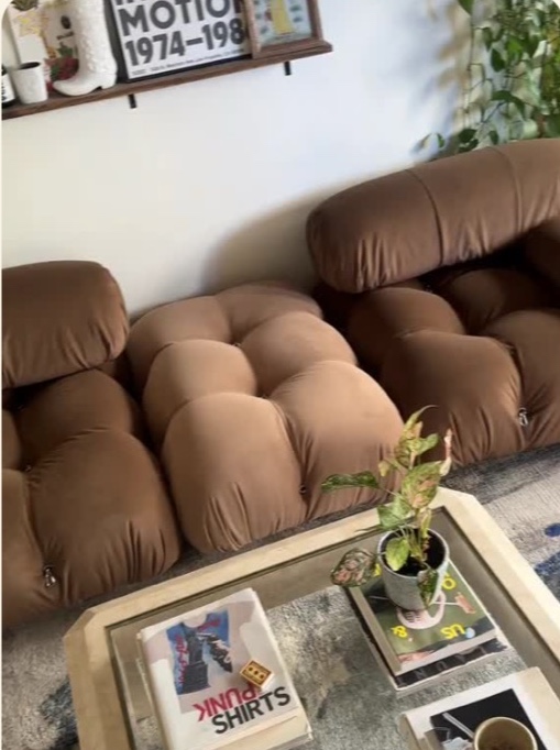 Brown Camacloud sofa with a coffee table in Sandy's living room
