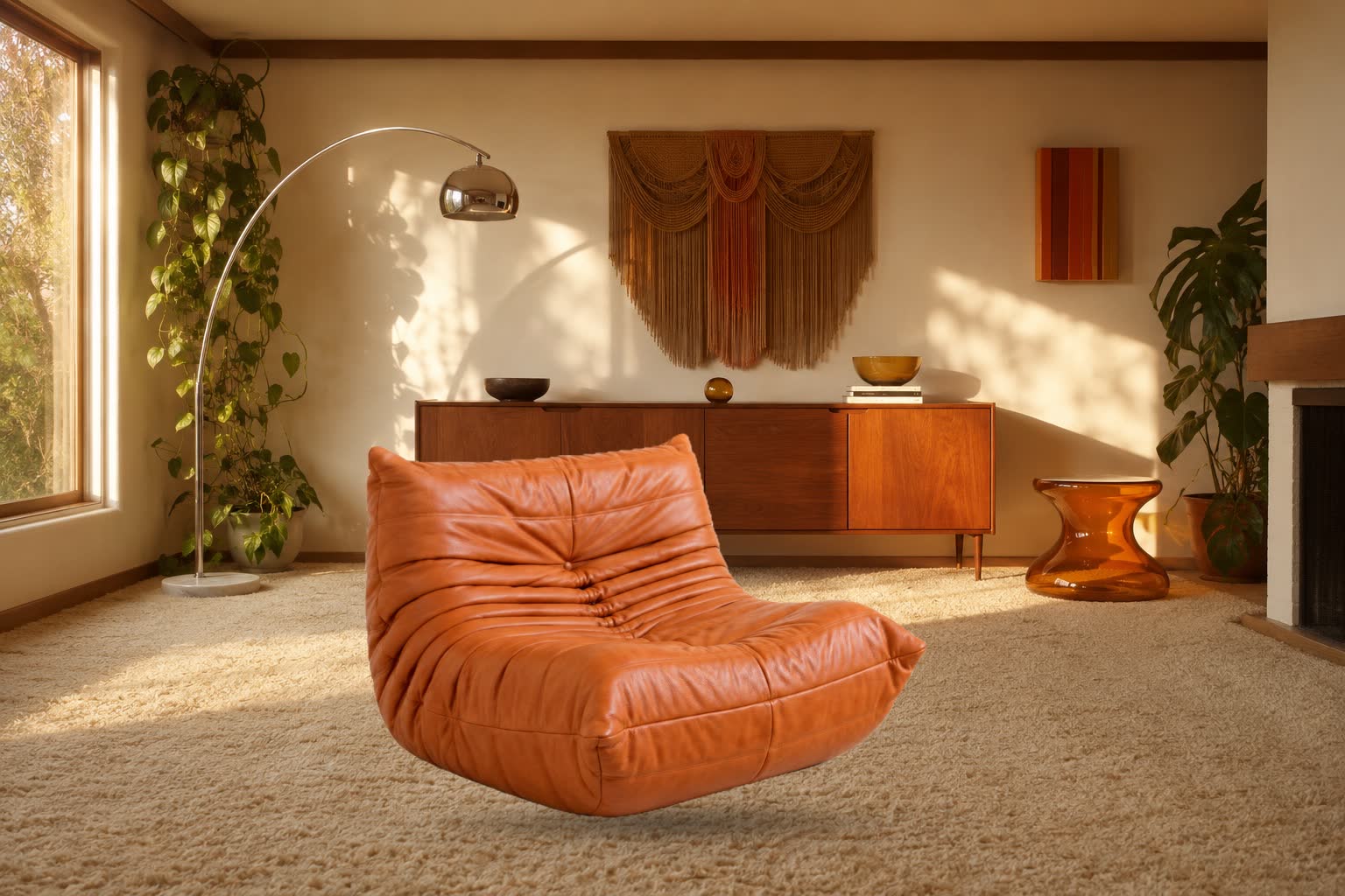 Cognac Bruma chair in a warm 1970s living room